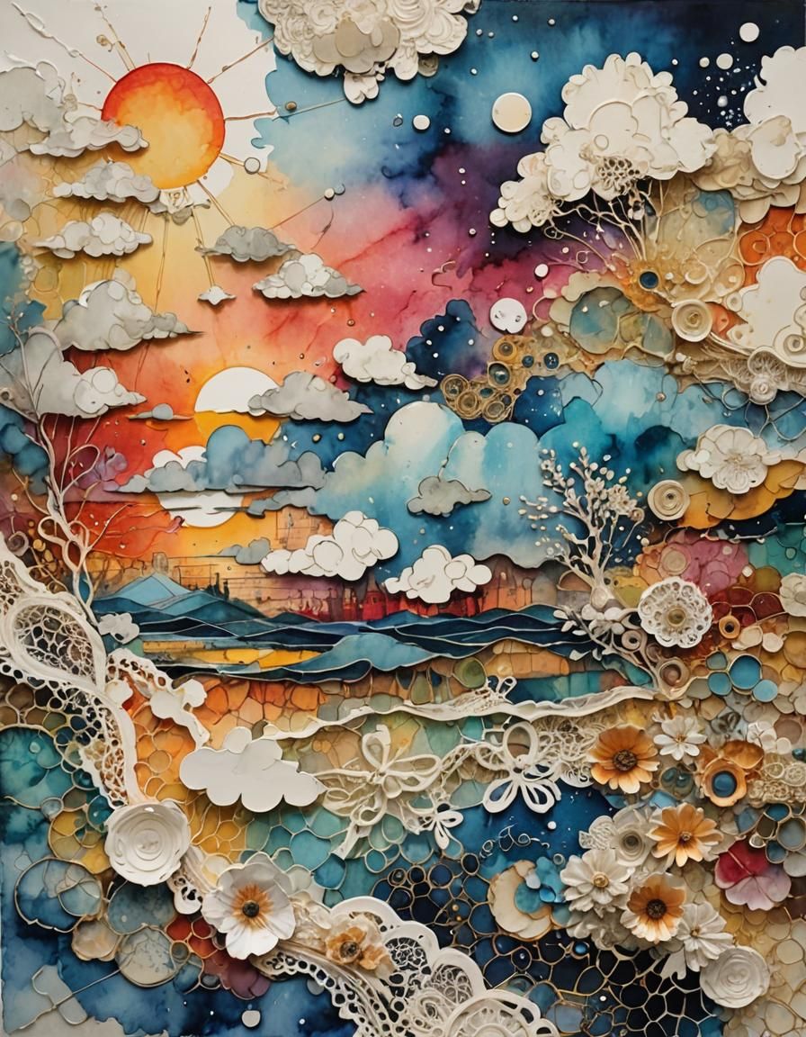 Intricate Watercolor Sunset with Mixed Media Textures