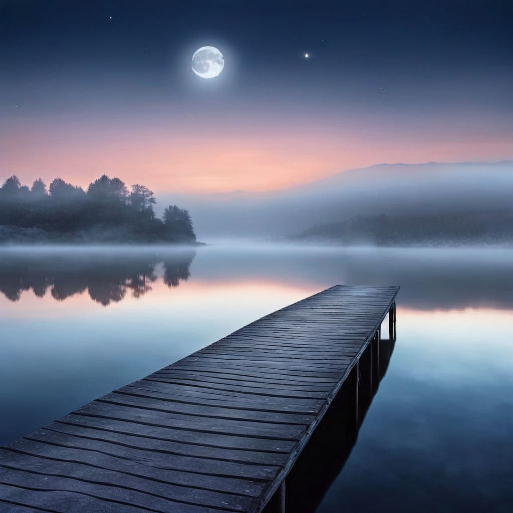 Glass Pier Under Crescent Moon at Sunset