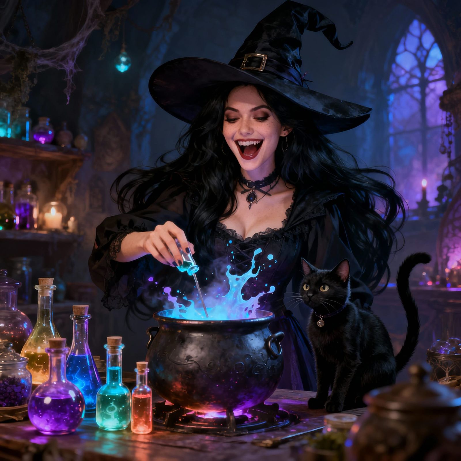 Witch Brewing Potions with Laughing Cat, Fantasy Art