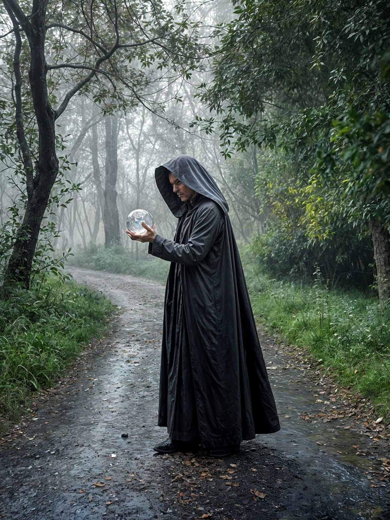 Alchemist at Misty Crossroads in Dreamlike Impressionism