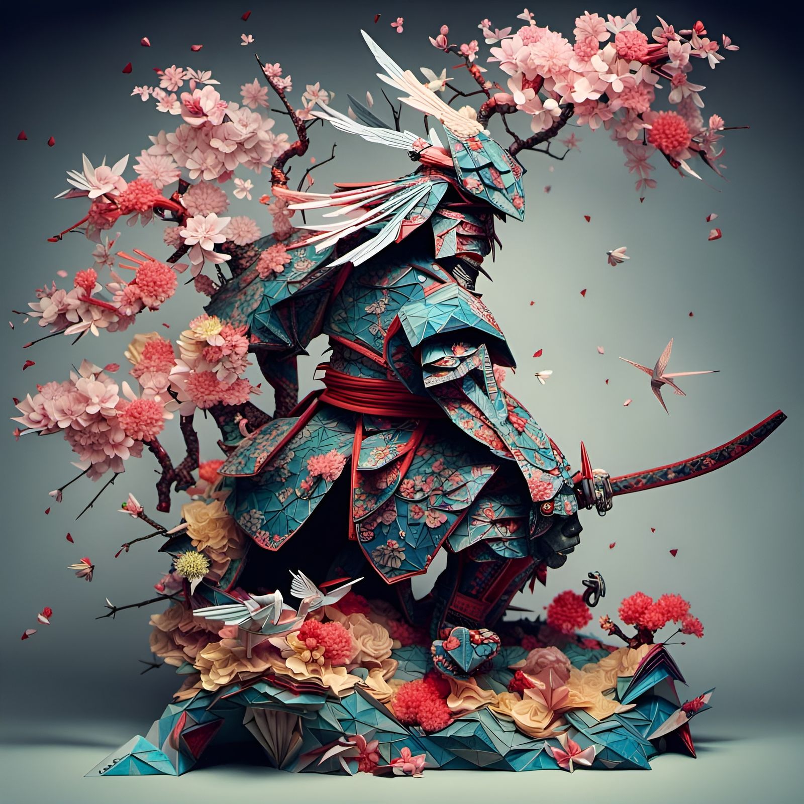 An Origami Bushido Samurai Under a Cherry Blossom