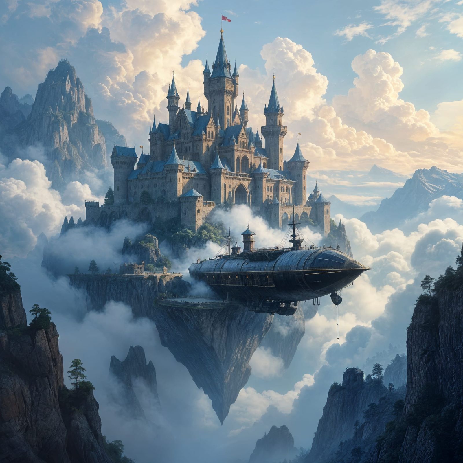 Ancient Castle on Floating Island with Steampunk Airship