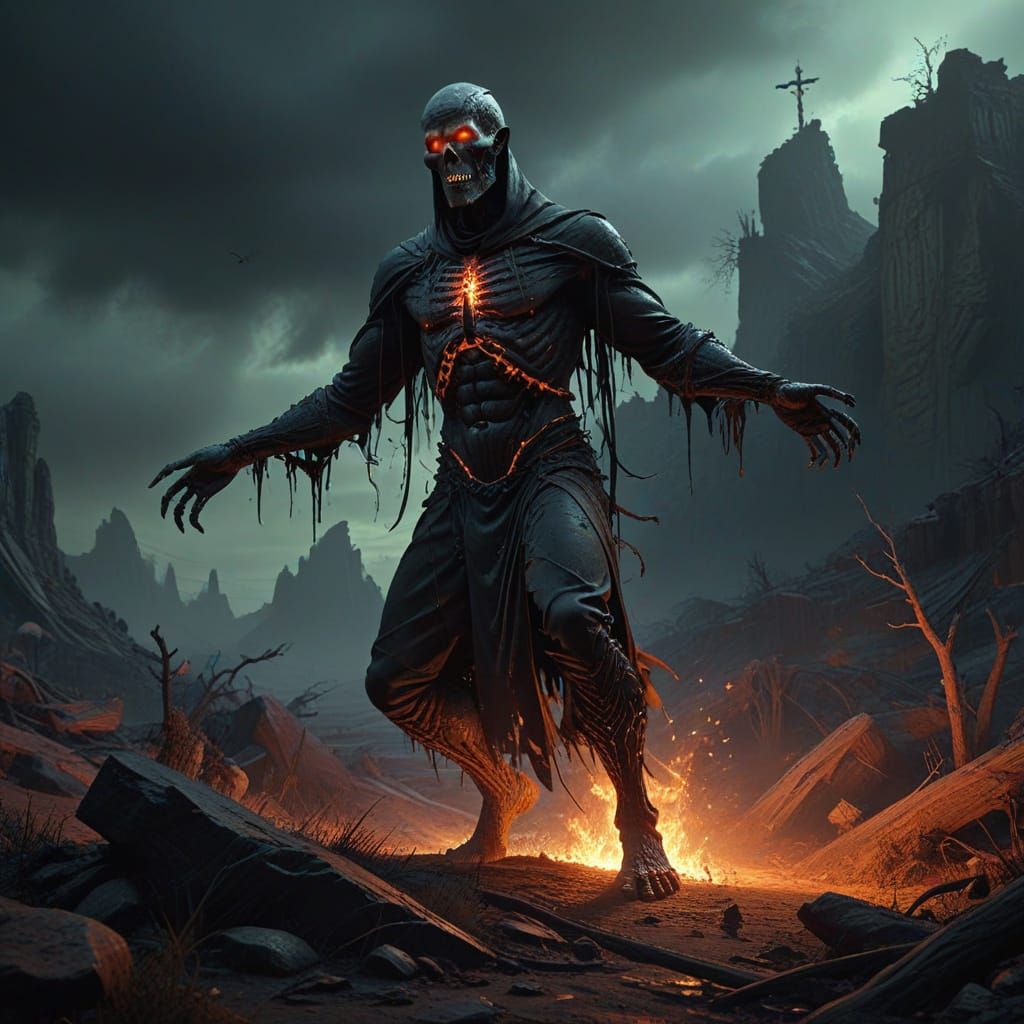 Grotesque Priest Figure in Grim Fantastical Landscape