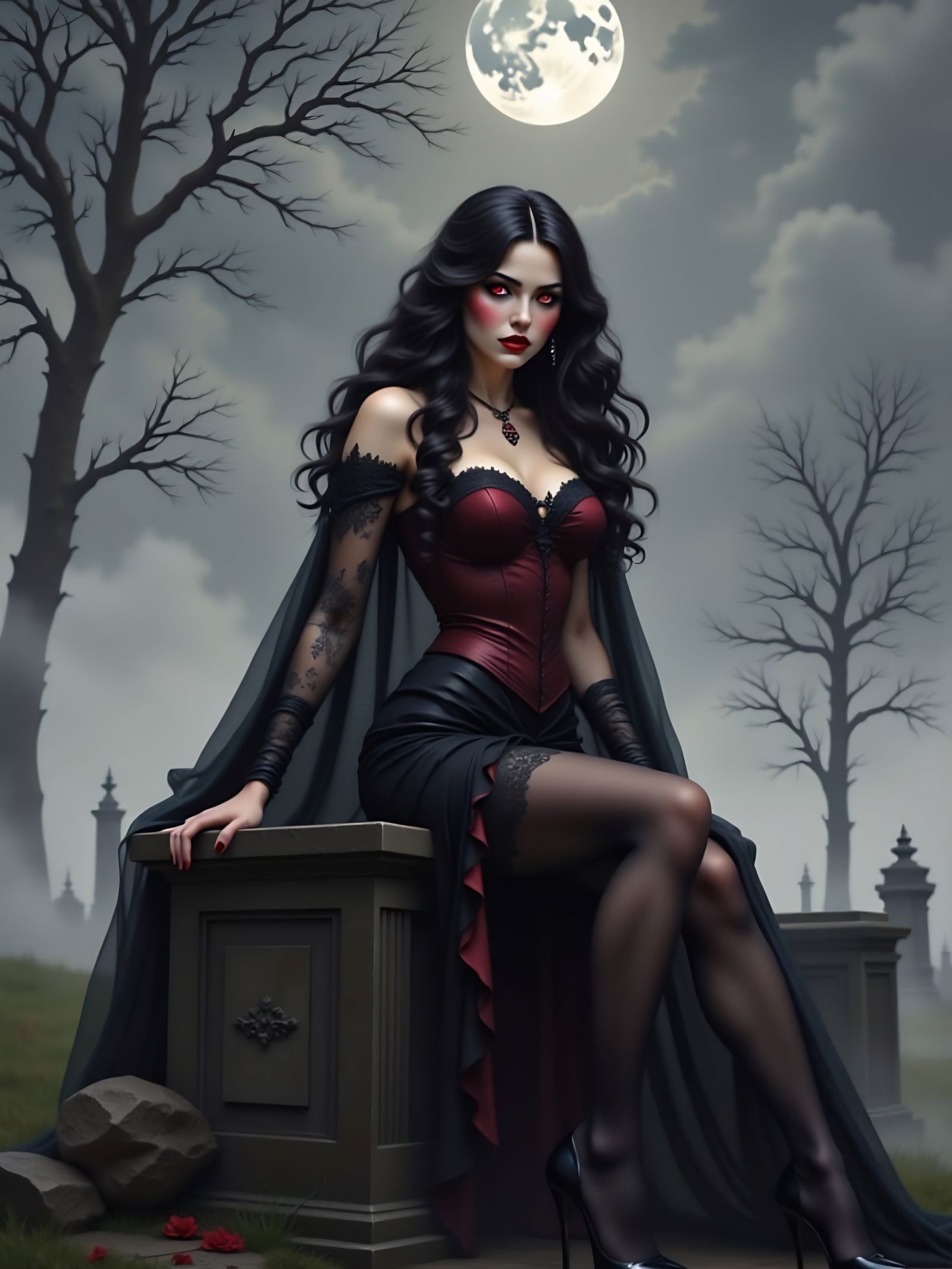 Crimson-Eyed Vampire Woman in Gothic Moonlight