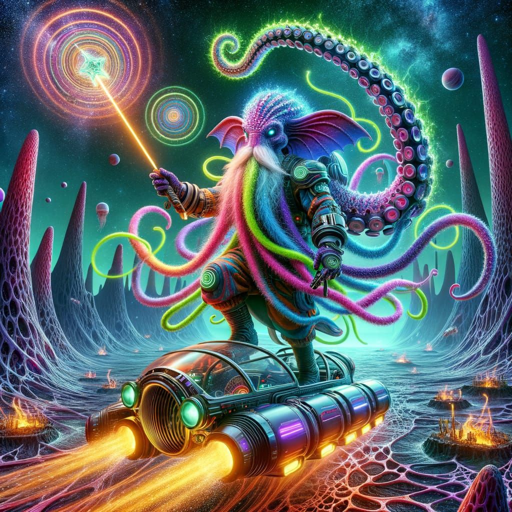 Cyberpunk Space Octopus Navigates Fiery Minefield