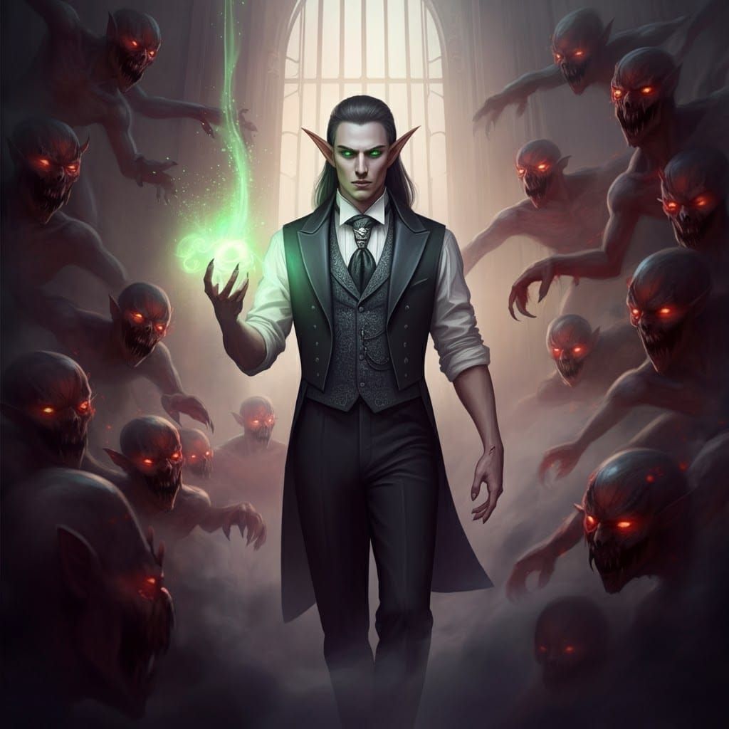 Elf Gangster Conjuring Magic in Dark Gothic Style