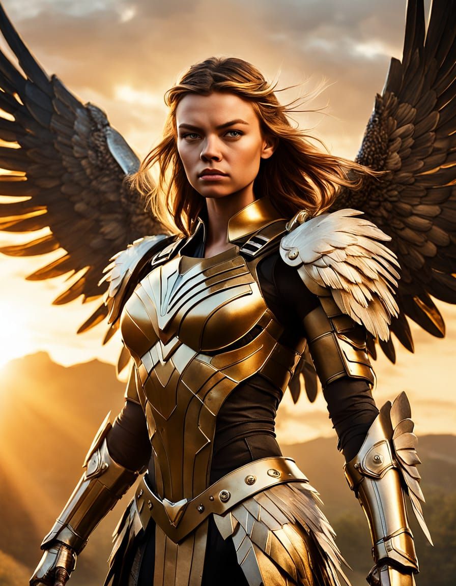 Hawkgirl Superheroine with Metallic Armor and Wings