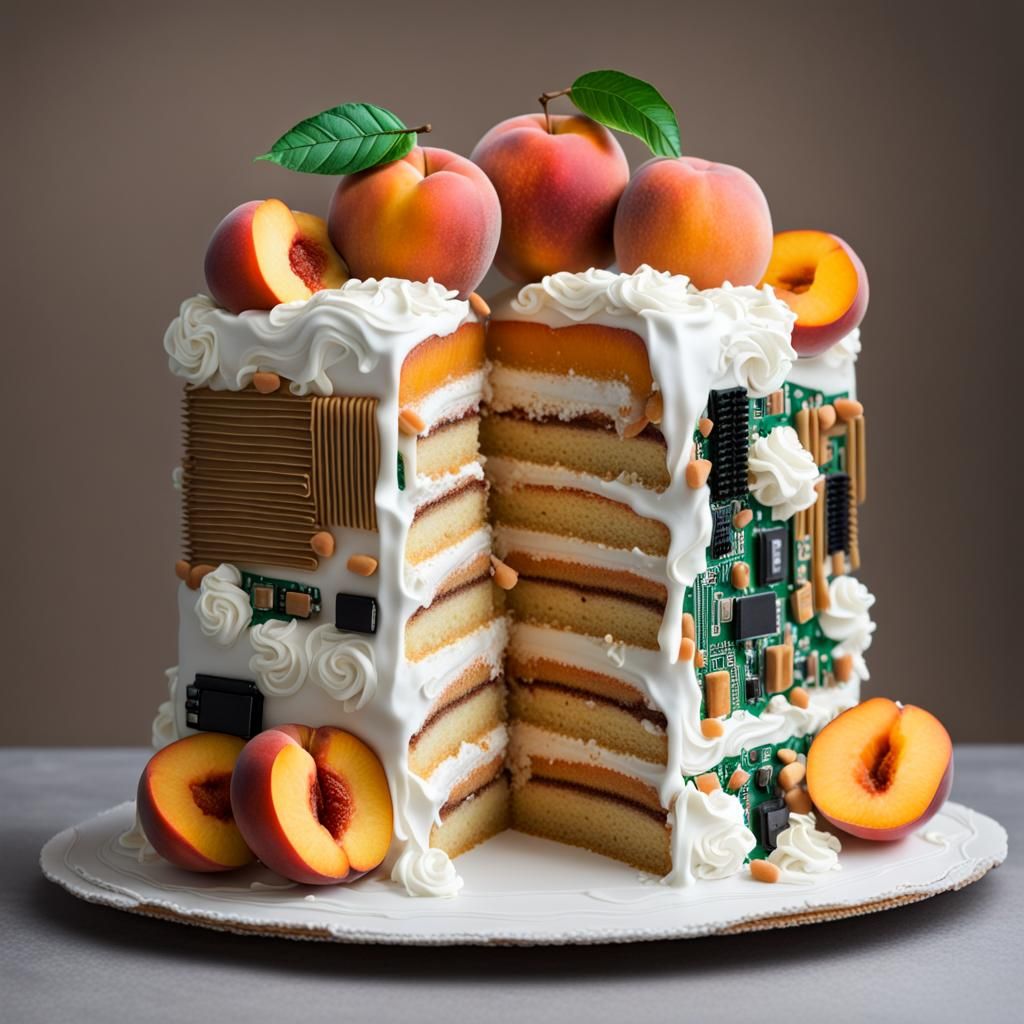 Motherboard Cake with Whipped Cream and Peaches