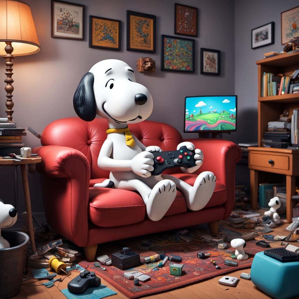 Rounded 4D, cartoon, Snoopy, playing a video game on his comfy couch. Messy room. Maximalist. Detailed interior decor. F...