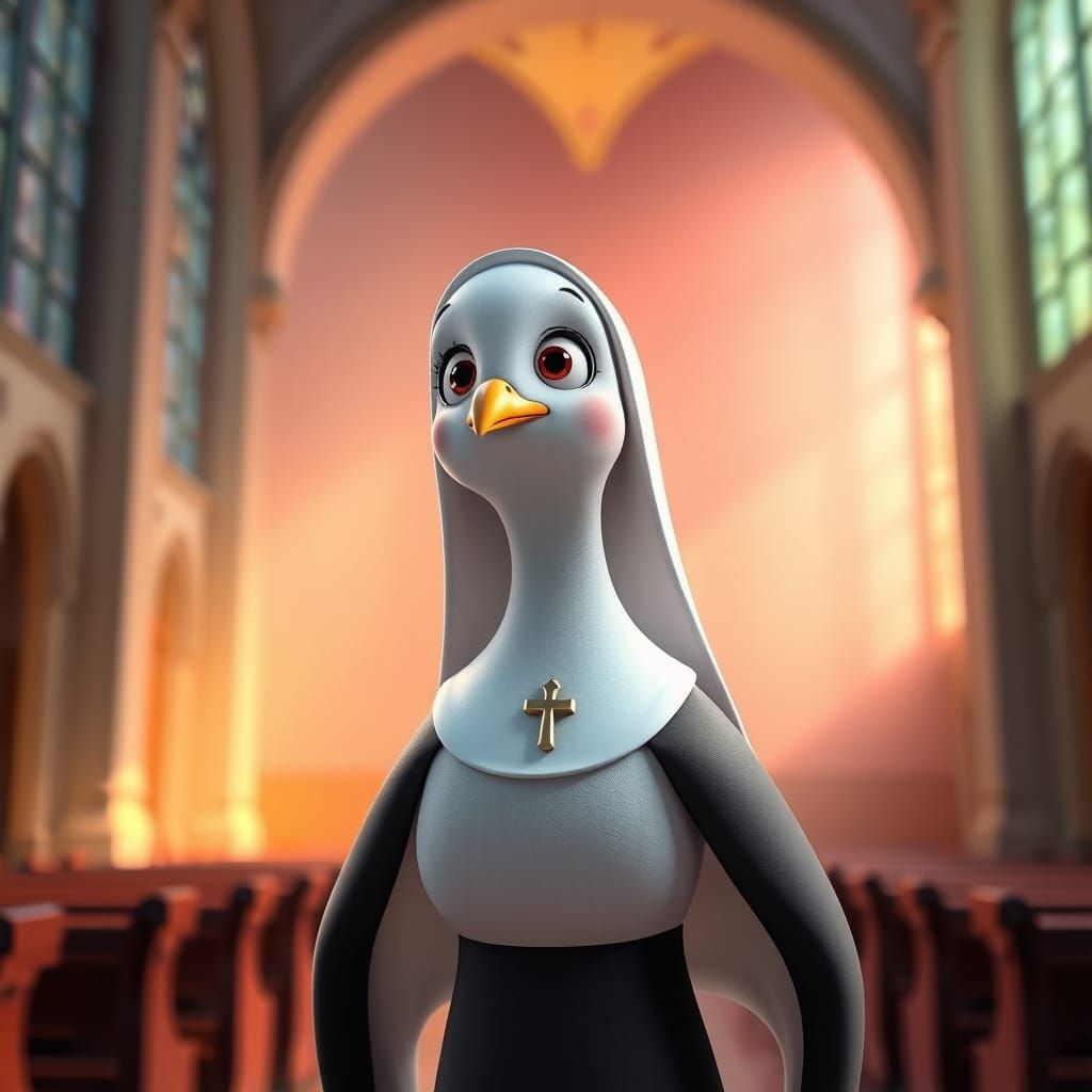 Animated Female Dove Nun in a Vibrant Church