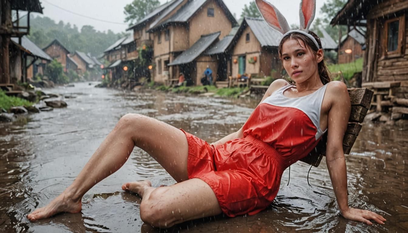 Athletic Woman with Rabbit Ears in Rainy Village