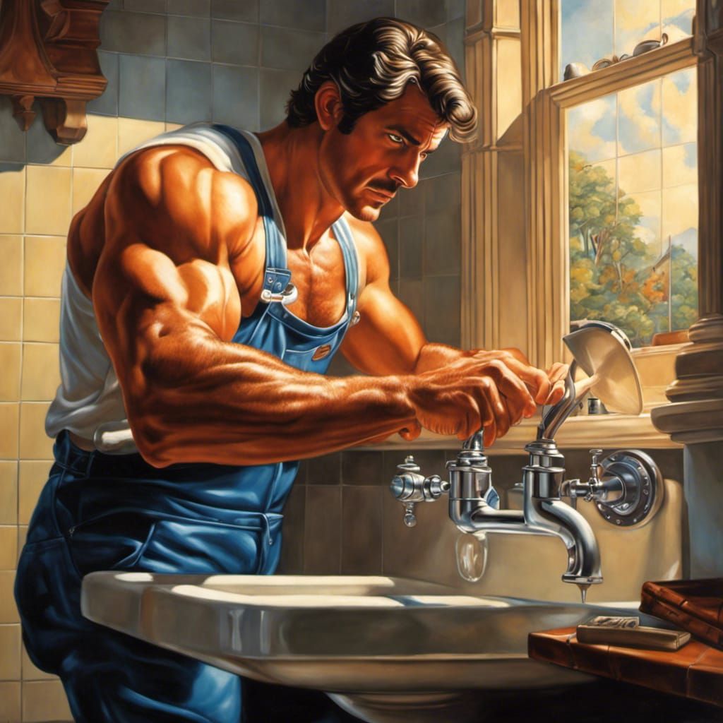 Hyperrealistic 1970s Plumber Fixing Sink