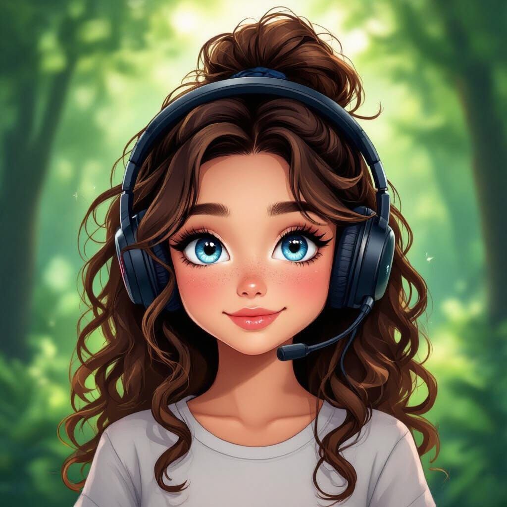 Adorable Girl with Blue Eyes and Gaming Headset in Forest