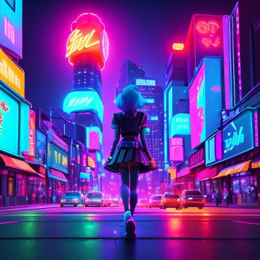 Neon Cityscape with Boba Drinks and Colorful Treats