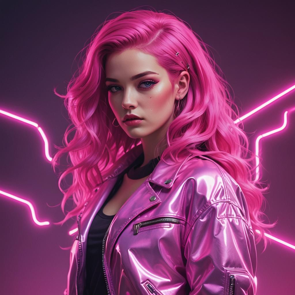 Pink Hair in Synthwave Neon Retro Style