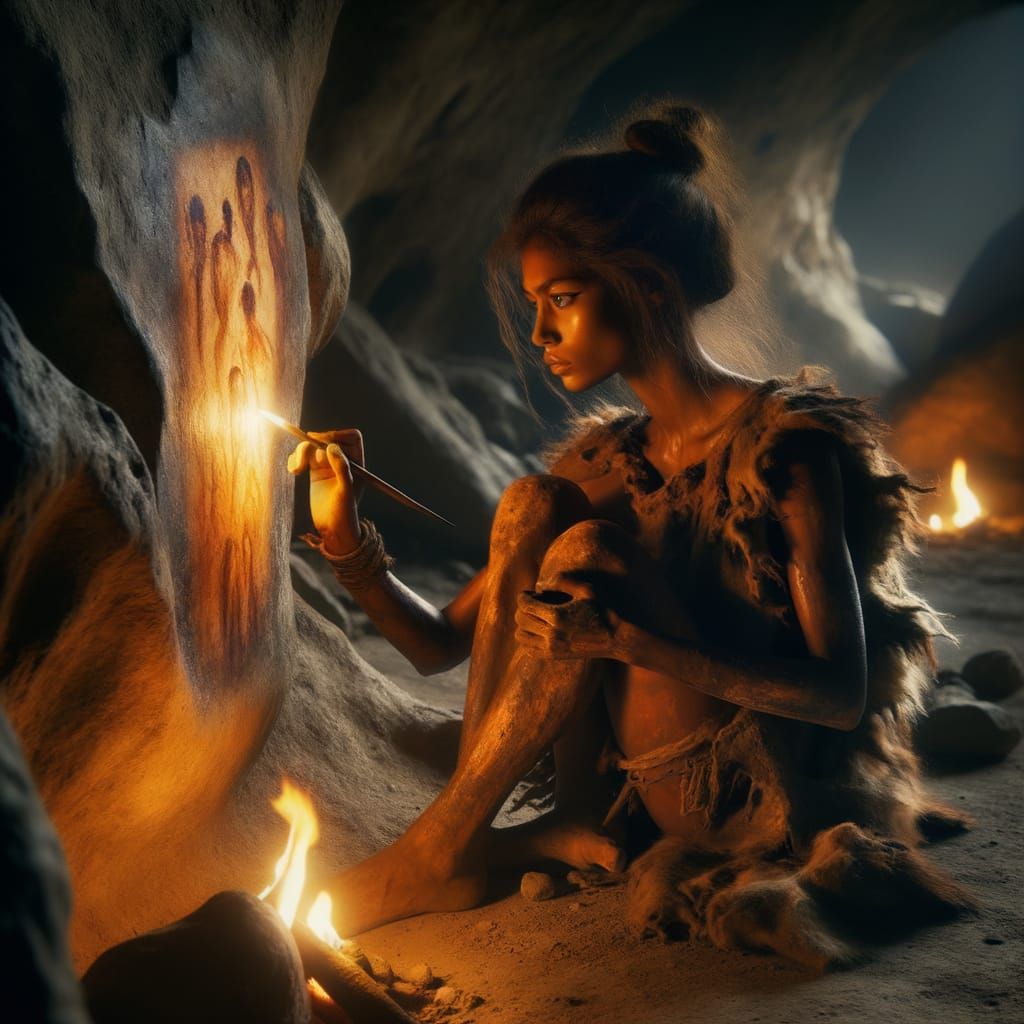Paleolithic Woman in Cave Art Style