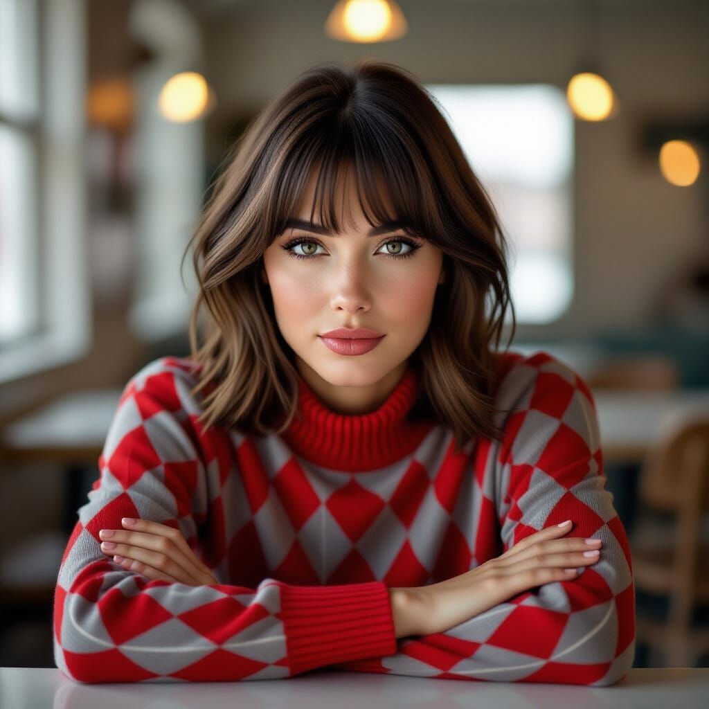 Young Brunette Woman in Argyle Sweaterdress, Studio Portrait