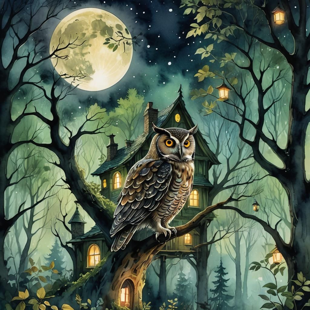 Moonlit Cottage and Owl in Watercolor Style