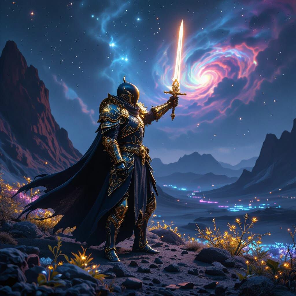 Warrior on Alien Planet with Glowing Sword
