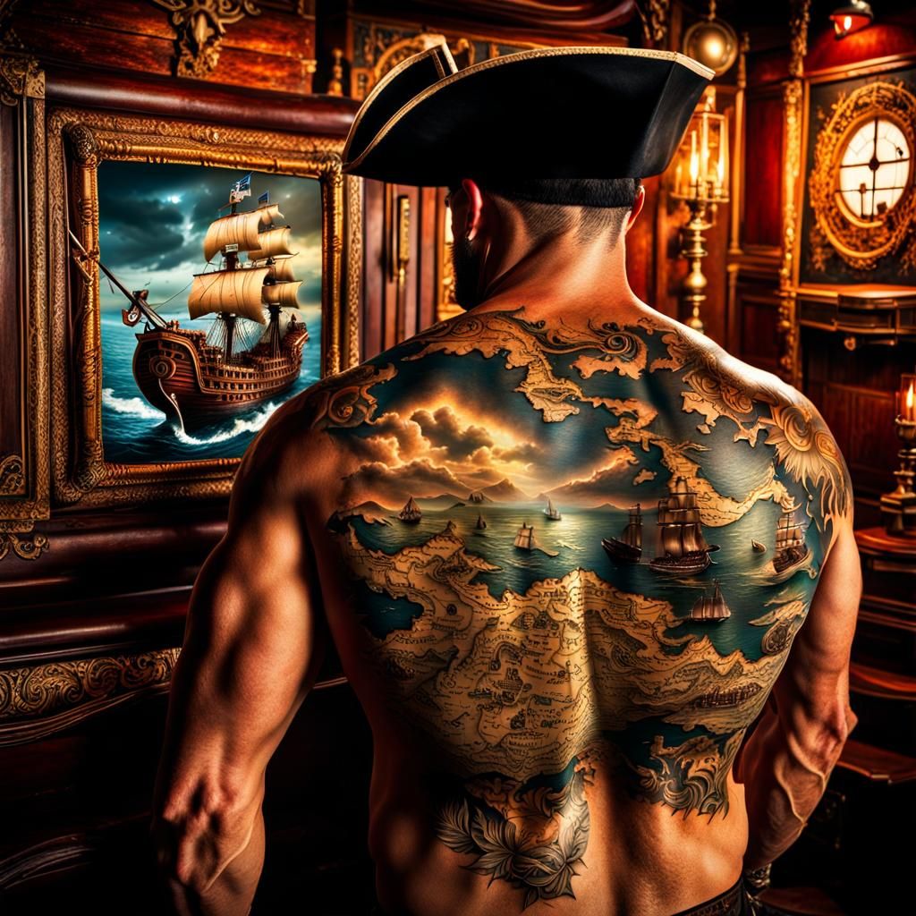 Pirate's 3D Treasure Map Tattoo: Digital Art
