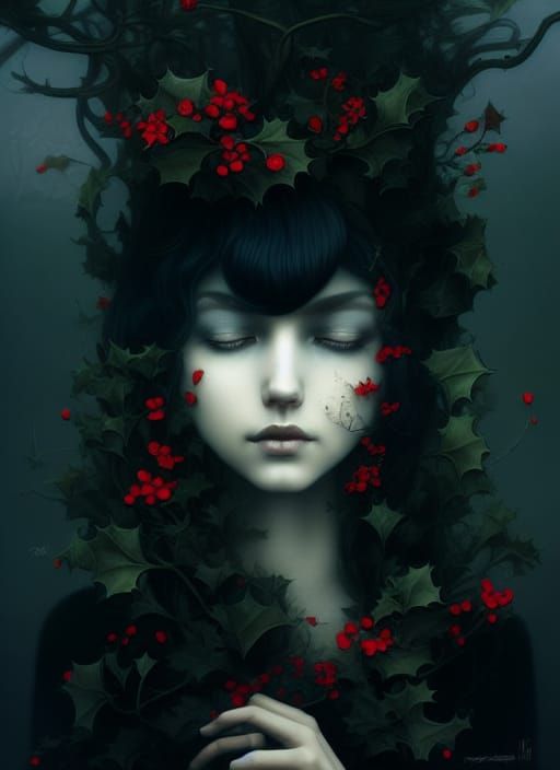 Psychedelic Winter Portrait with Wildflowers and Fractals