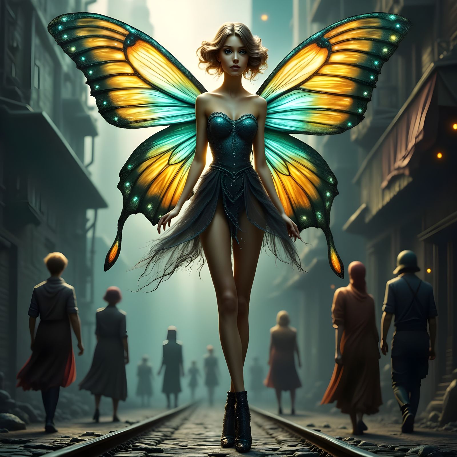Whimsical Fairy in a Gritty Cityscape