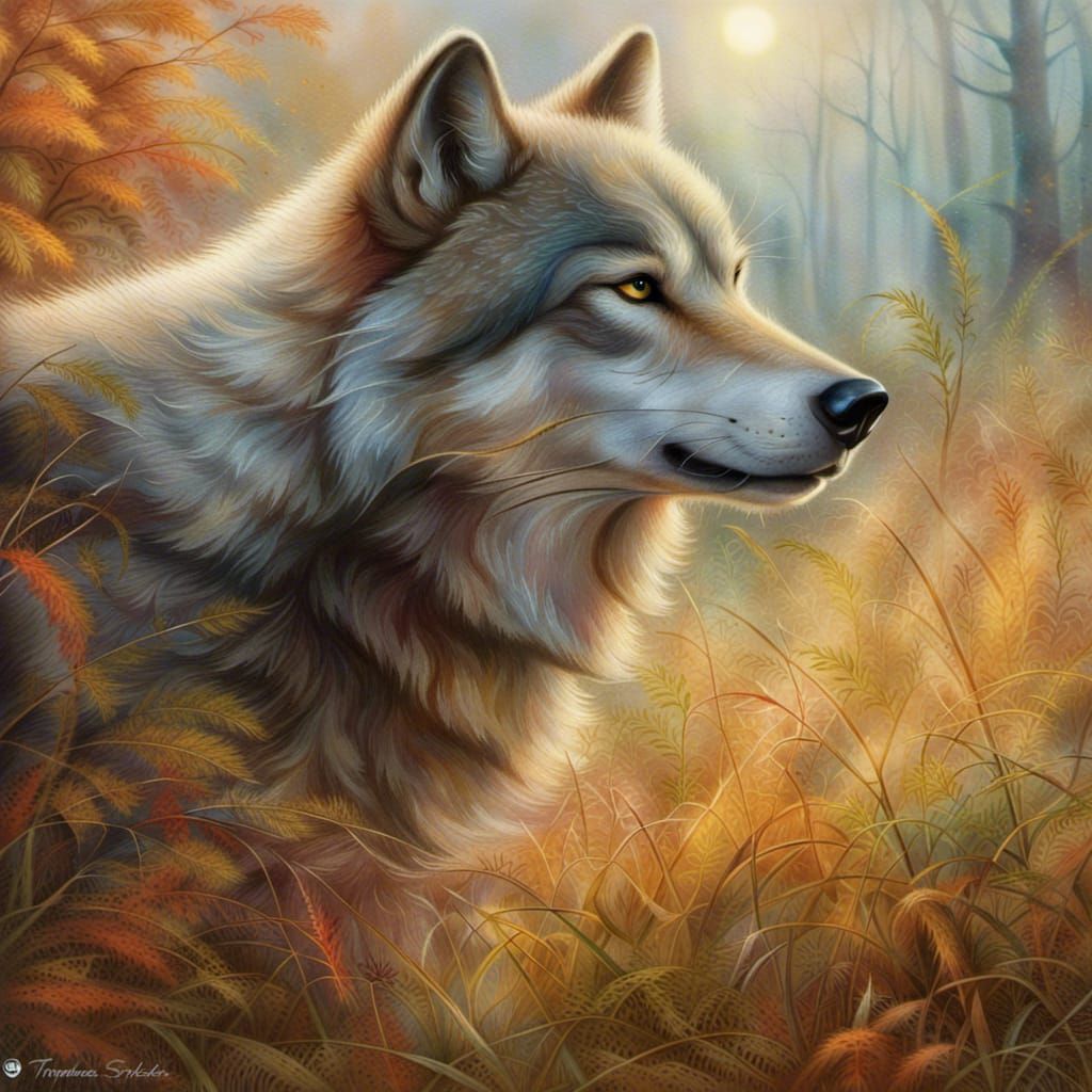 Wolf in Autumn Grass, Fantasy Art