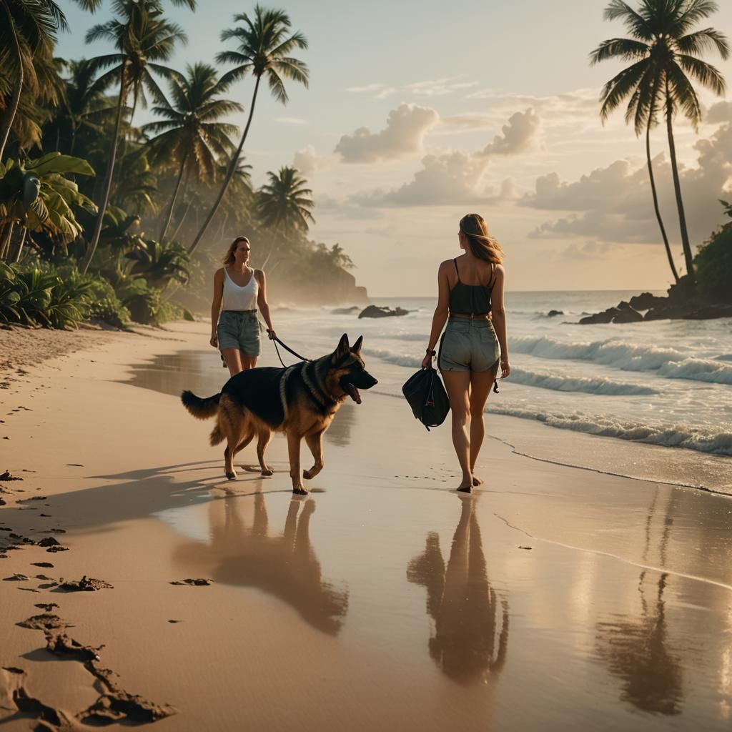 Woman and Dog on Tropical Beach at Sunrise
