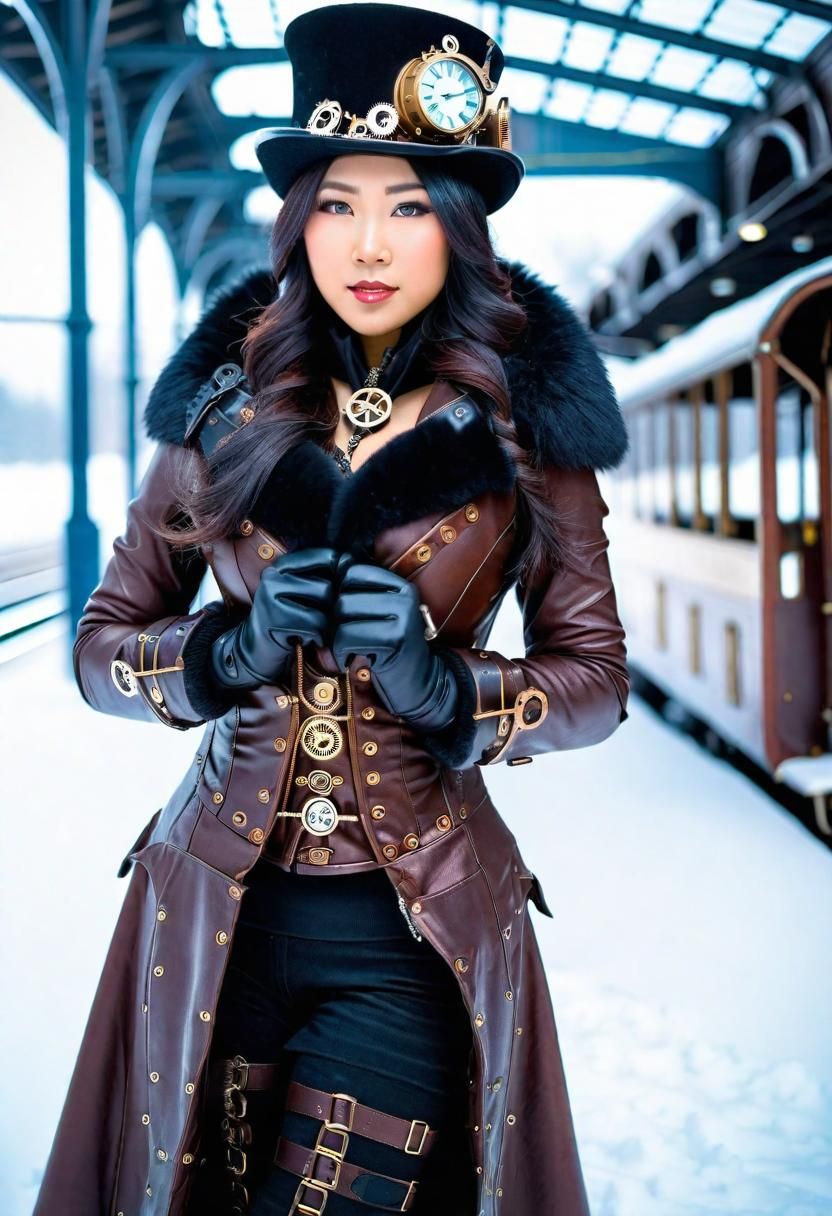 Steampunk Asian Woman in Winter Landscape