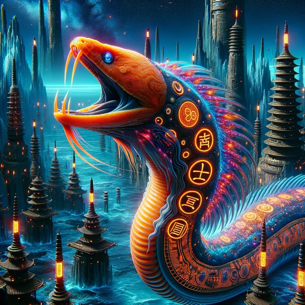 Ancient Samurai Moray Eel Surrounded by Futuristic Underwate...