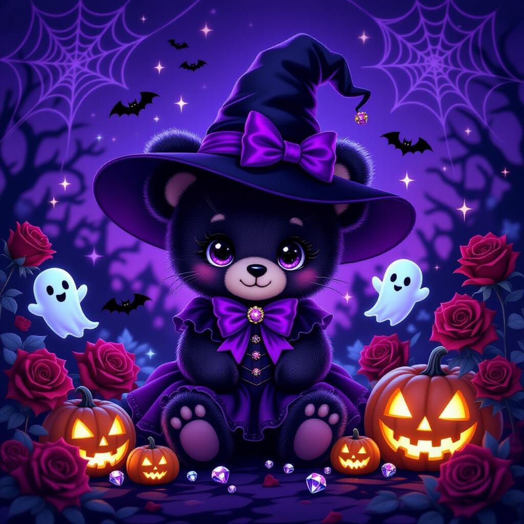 Kawaii Black Teddy Bear Witch Halloween Scene