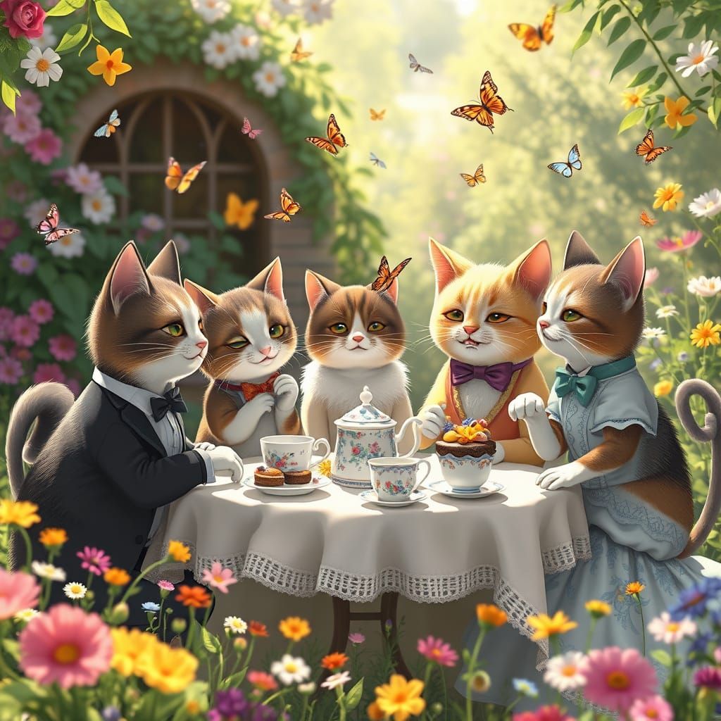 Cat Tea Party in Sun-Dappled Garden, Anime Style