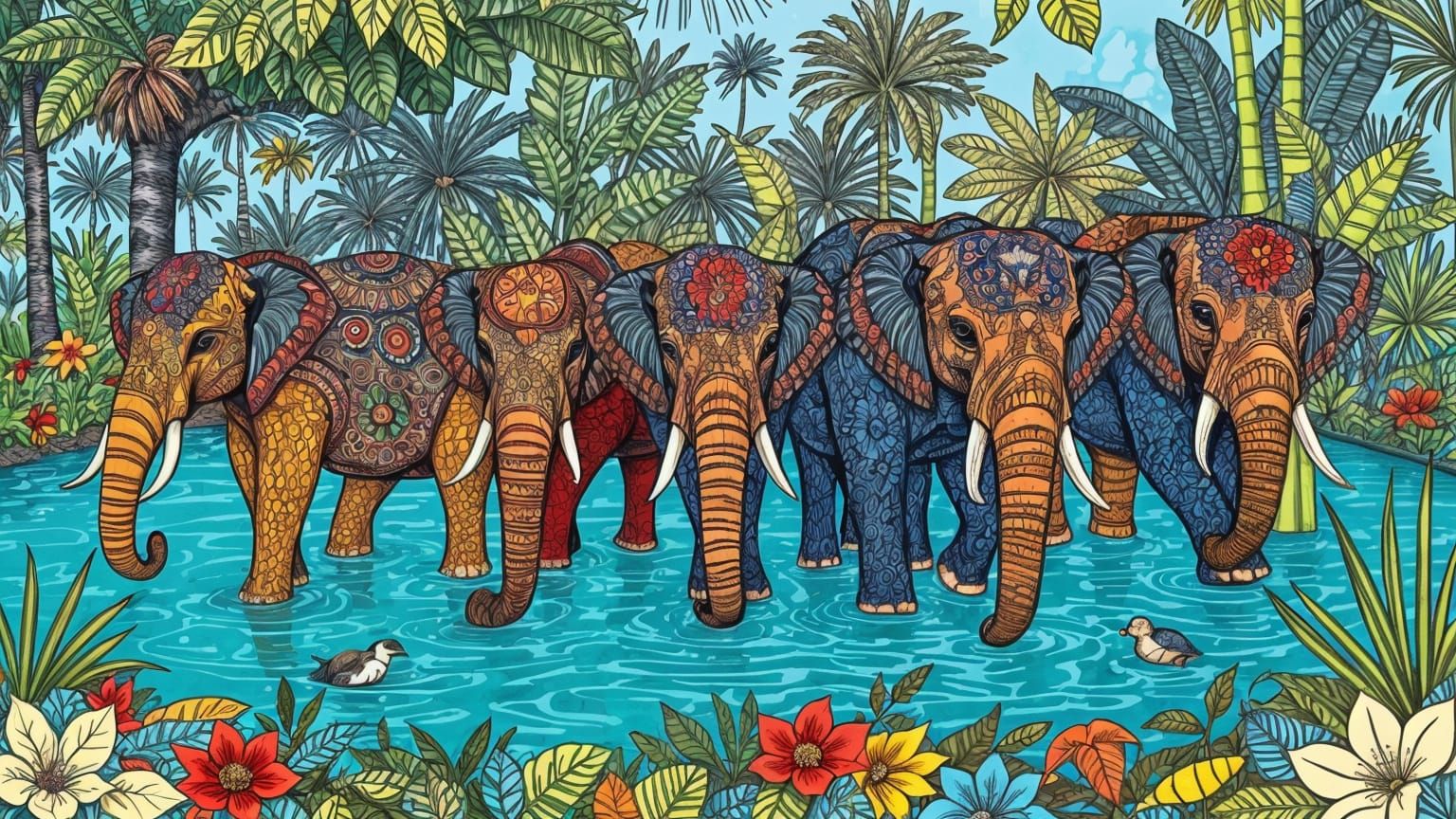 Zentangle Elephants Bathing in Periyar National Park