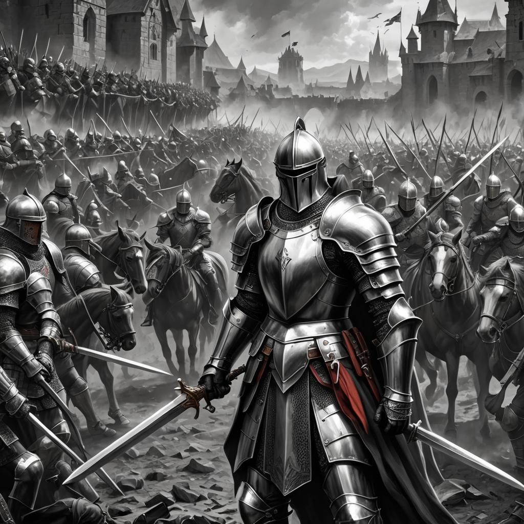 Monochrome Knight Confronts Army: Epic Fantasy Art