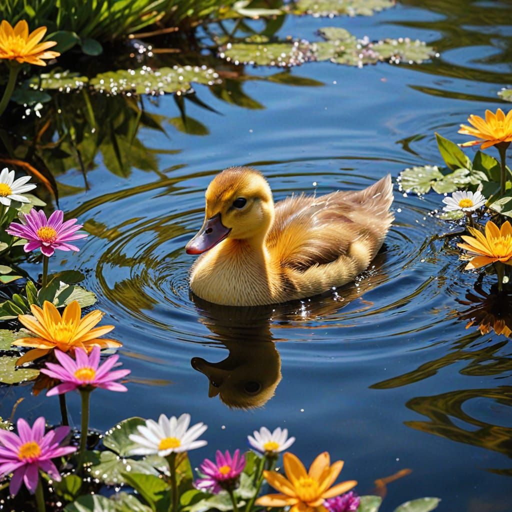 Playful Duckling in Sunlit River Garden as Expressionist Fra...