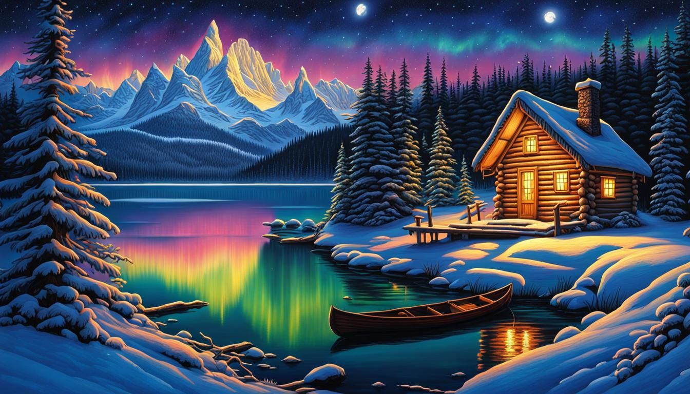 Snowy Log Cabin Under Aurora Borealis in Winter