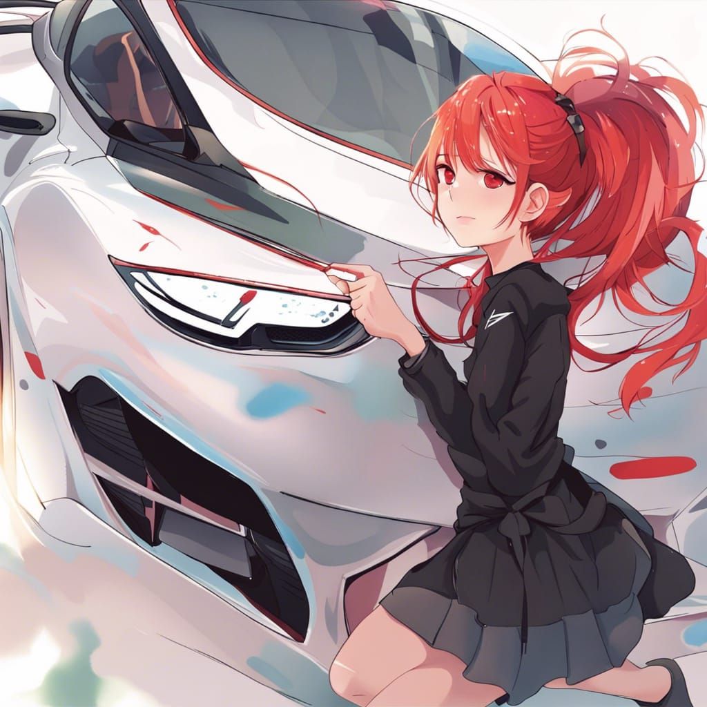 Anime Style Red Hair Girl Painting Supercar