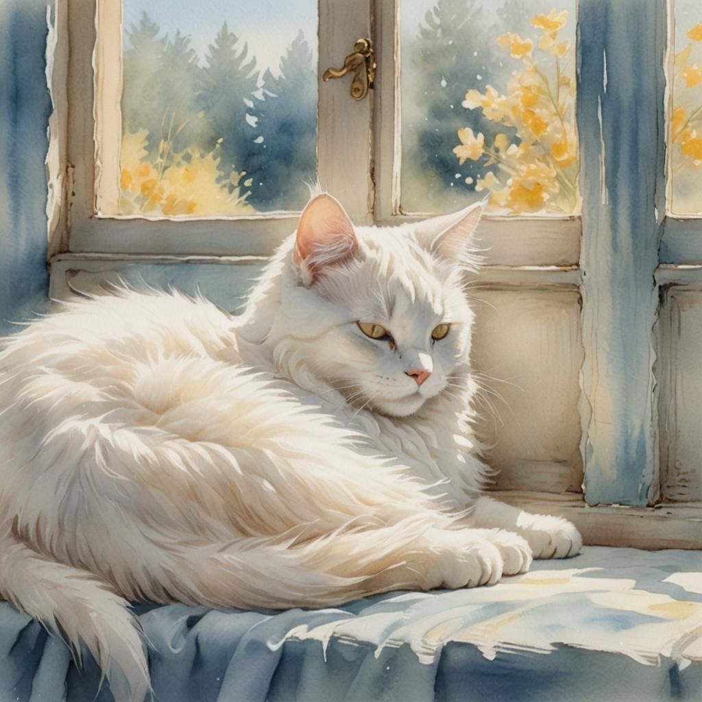Fluffy Cat Napping in Watercolor Pastel Style