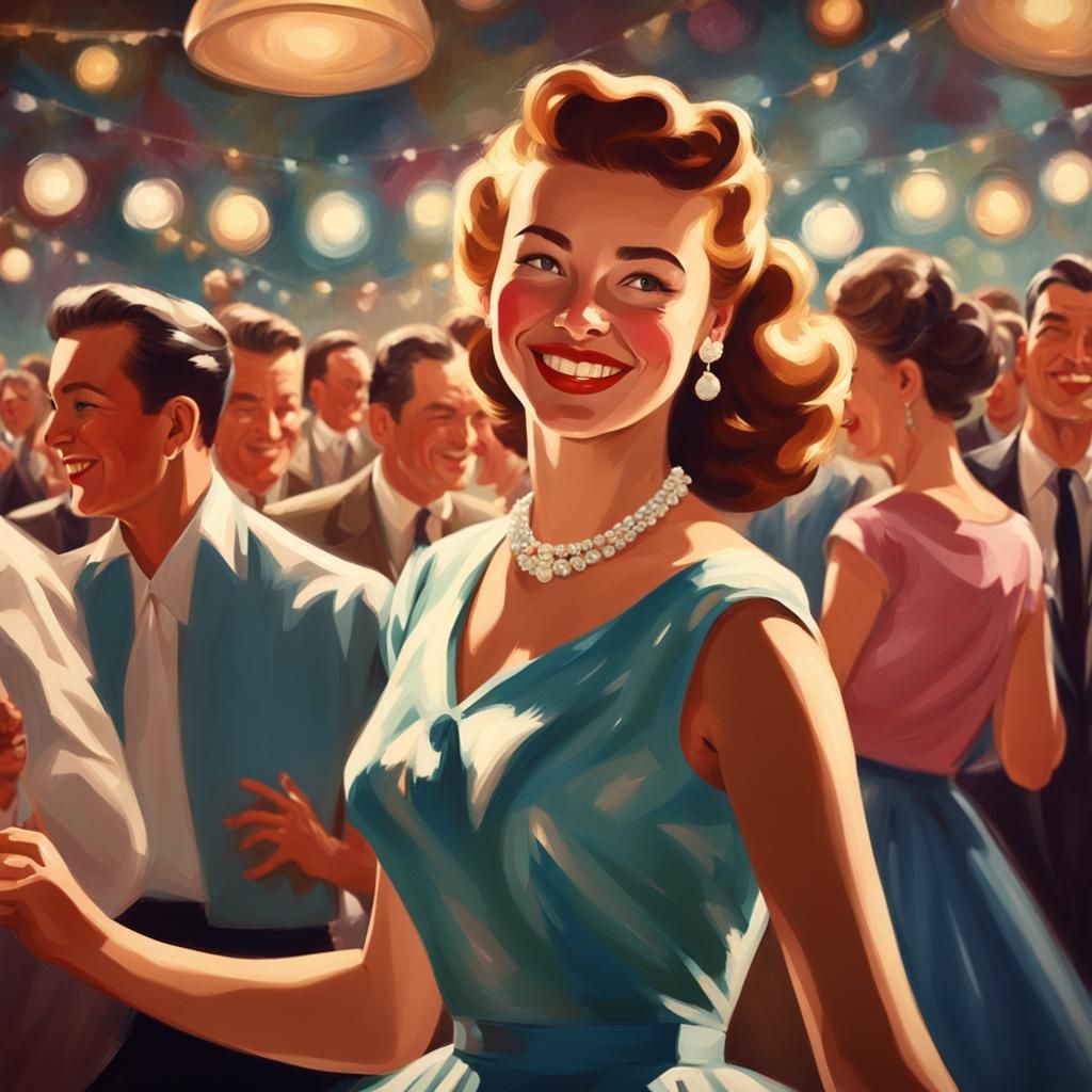 Energetic 1950s Girl Dancing in Oil Painting Style