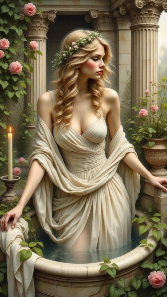 Ethereal Greek Goddess Steps into Serene Bath