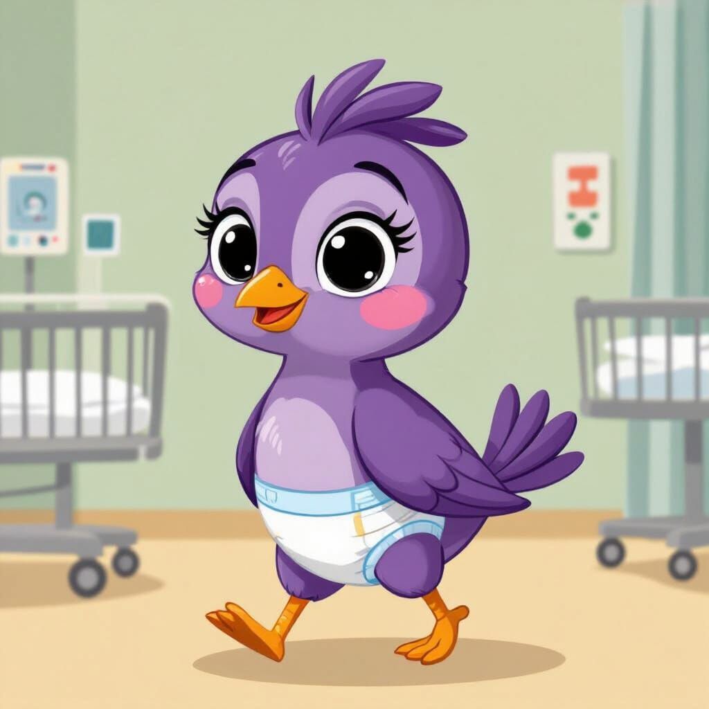 Cartoon Purple Bird in Nursery, Whimsical Style