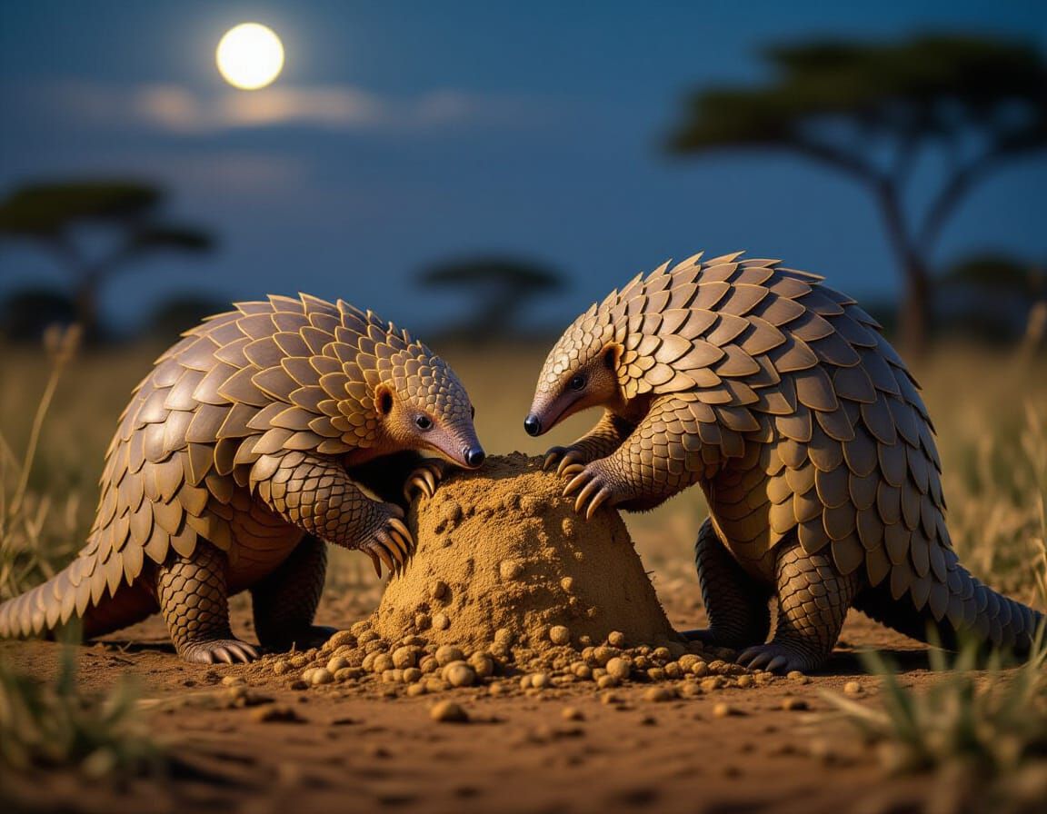 Ultra-Realistic Pangolins Feasting on Termites at Night