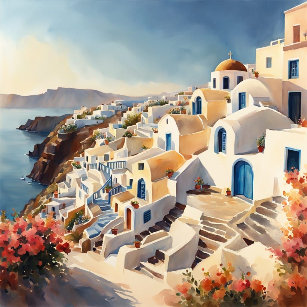 Santorini Village in Soft Watercolour Impressionism