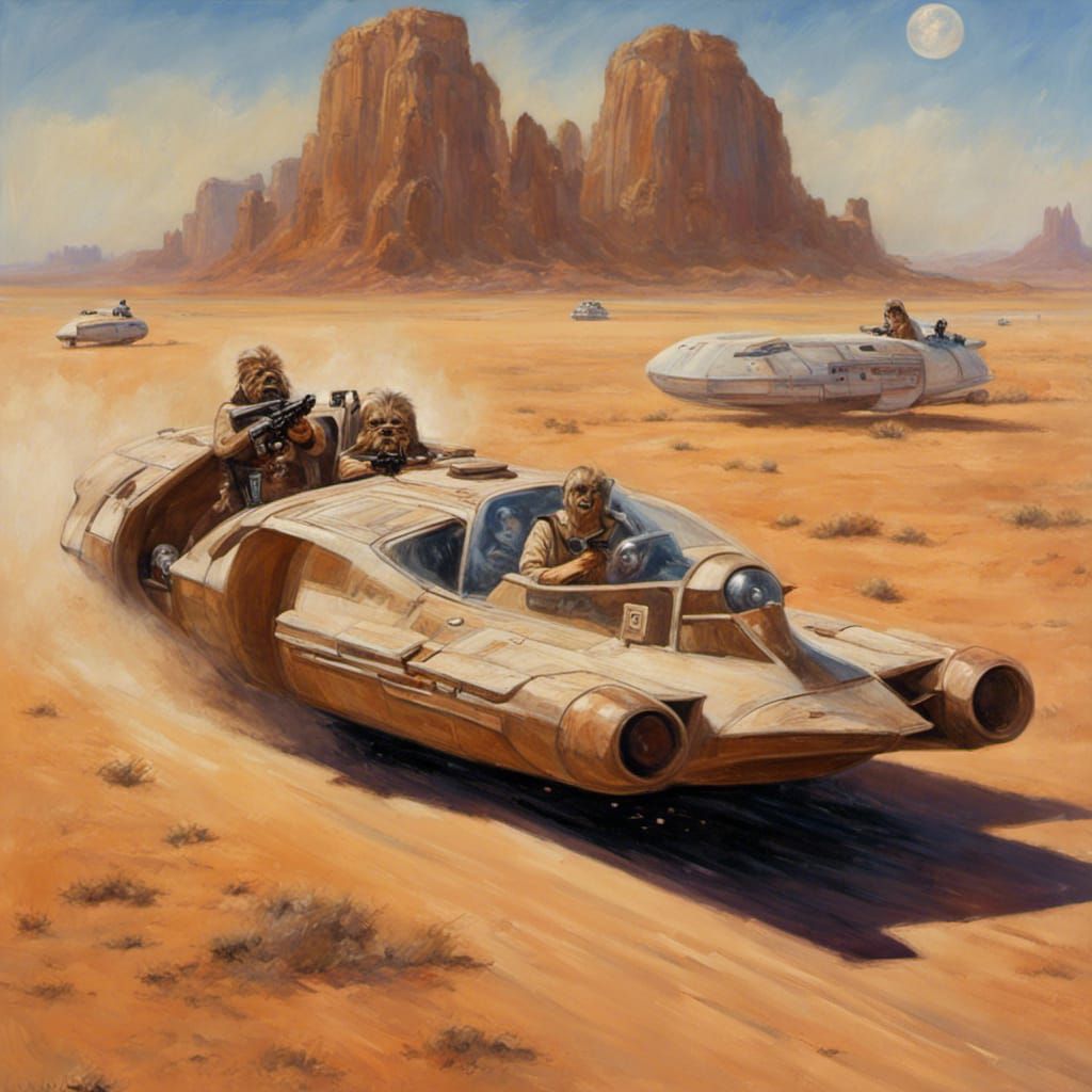 Wookiees Driving Landspeeder Over Desert as Oil Painting