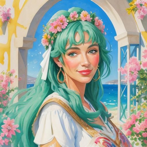 Mykonos Girl with Flowers: Gouache Style Masterpiece