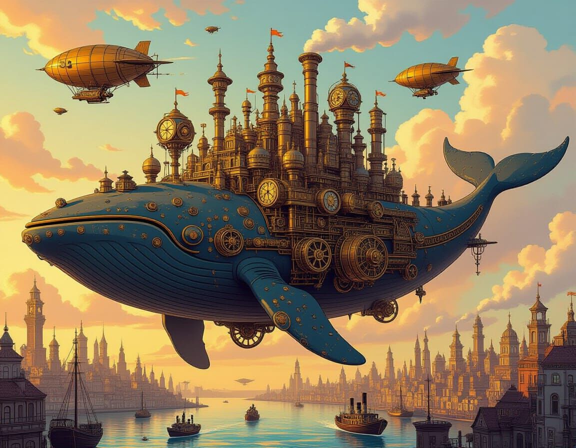 Steampunk City on Giant Whale in Golden Light