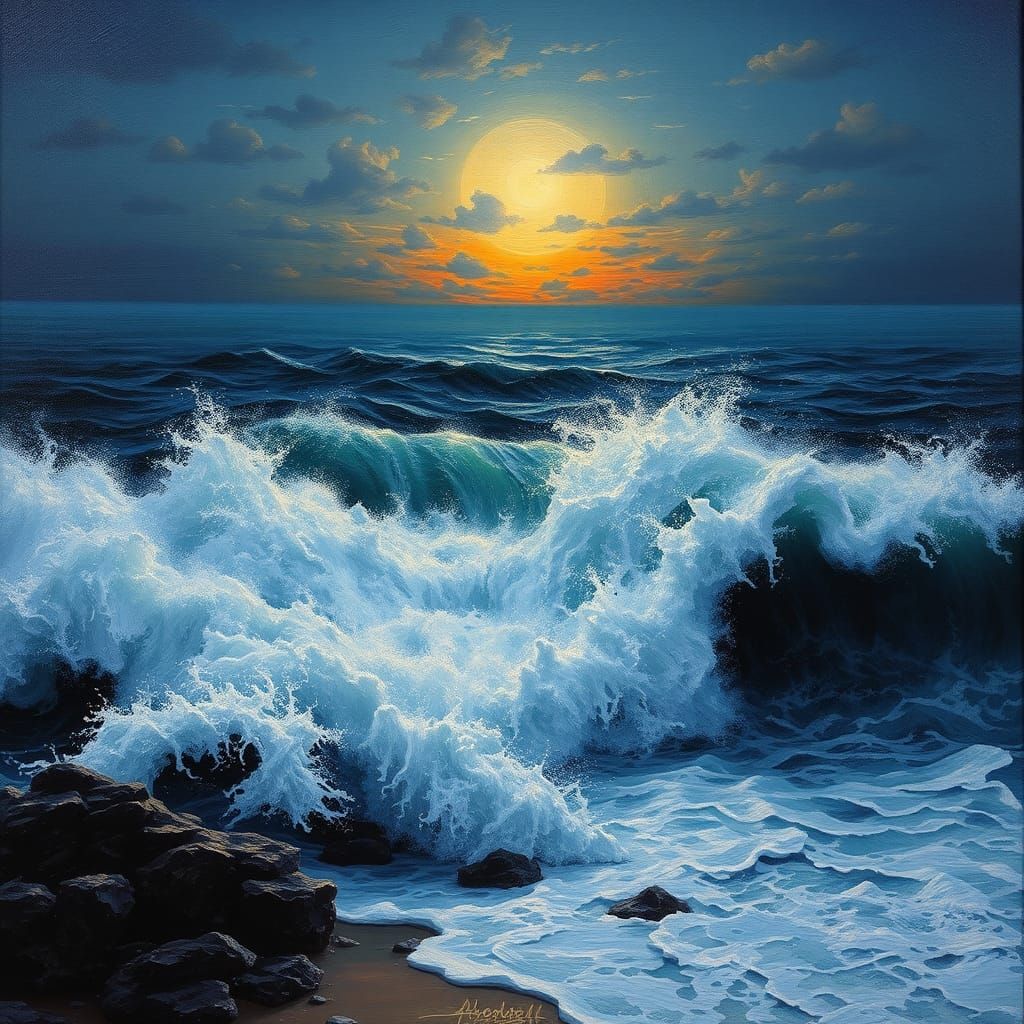 Ocean Waves Under Hunter's Moon, Impasto Gouache Painting