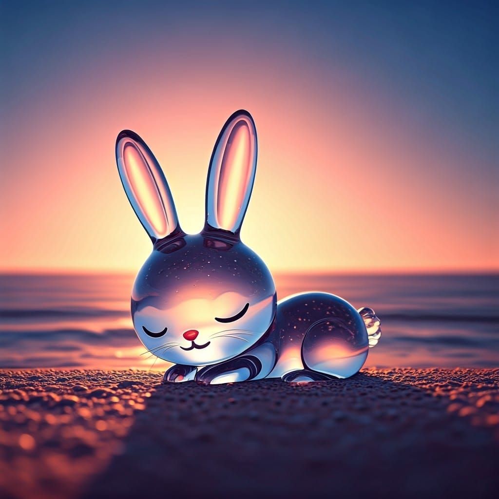 Glass Bunny Sleeping on Beach: 3D Digital Art