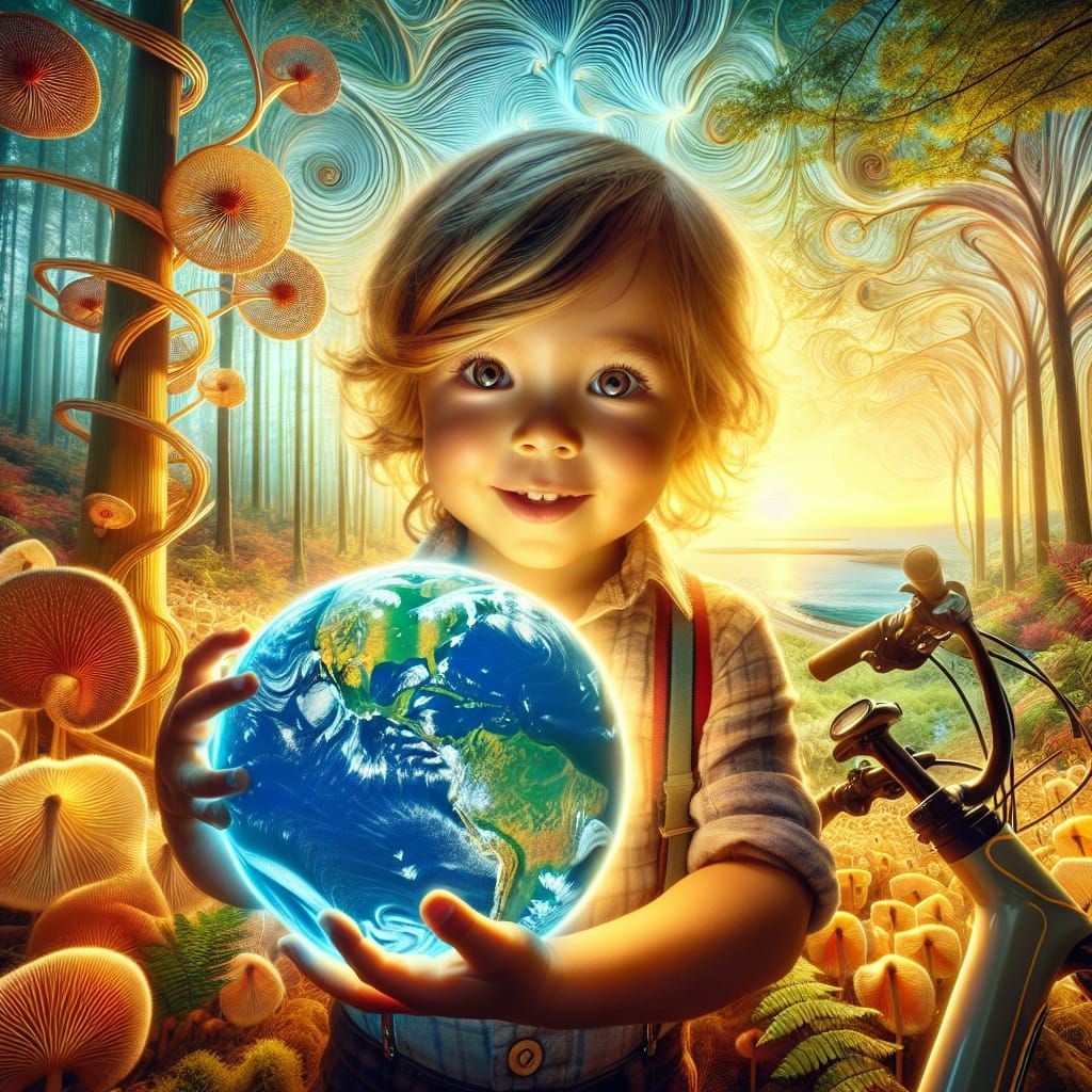 Child Holds Earth in Radiant Forest Photo