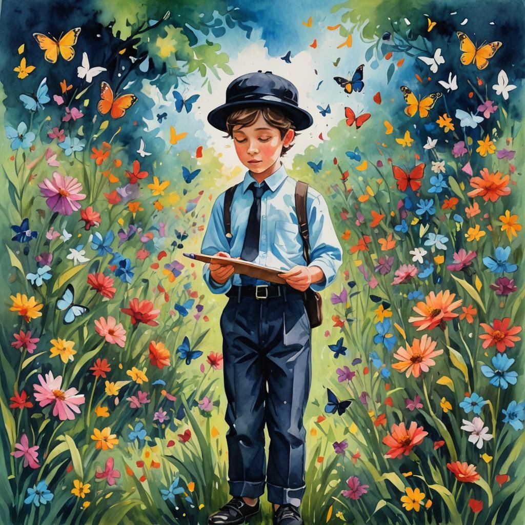 Hasidic Boy in Vibrant Floral Scene, Watercolor Style